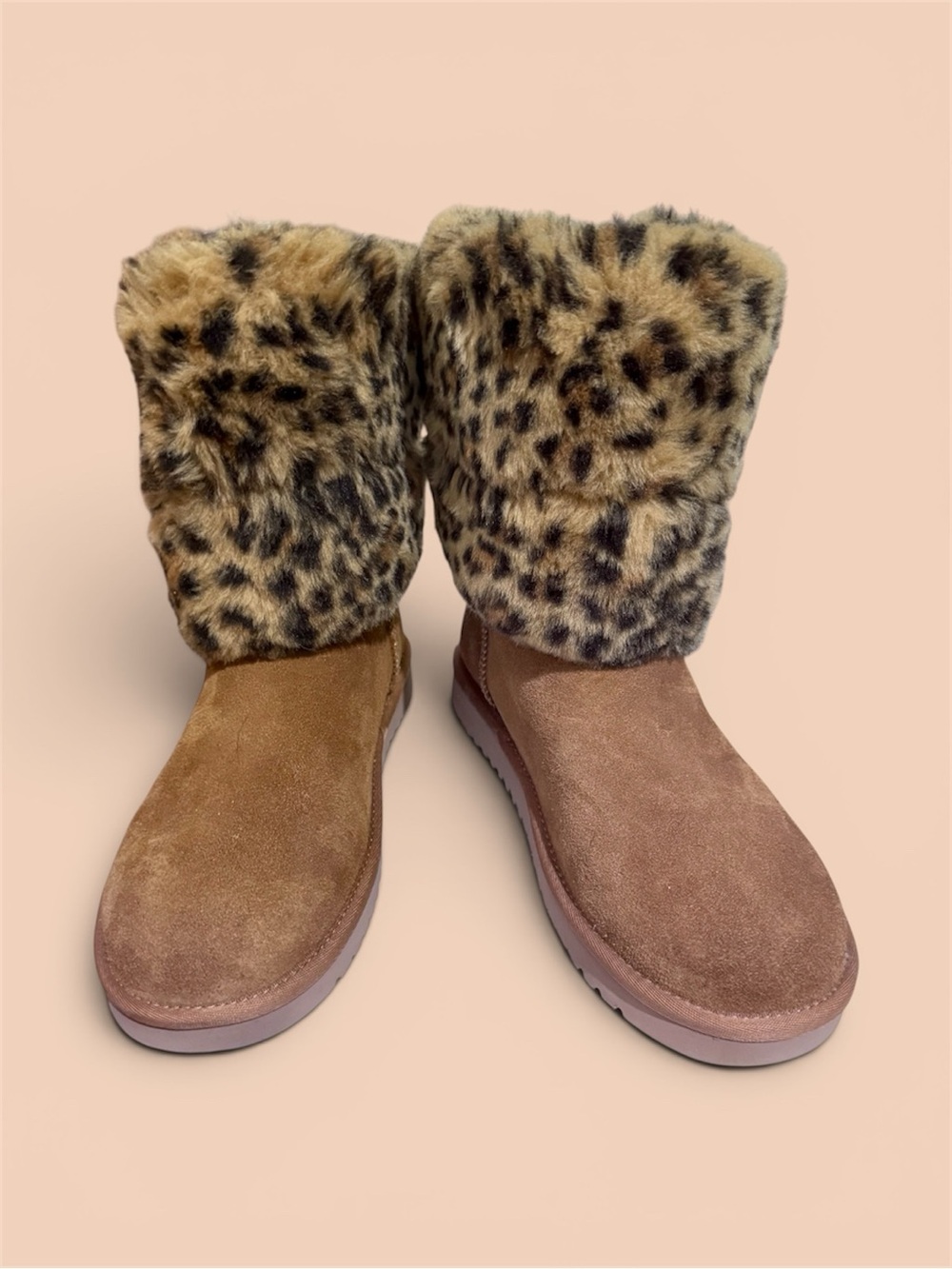 UGG Koolaburra Tan Suede Ankle Boots with Leopard Faux-Fur Cuff - Picture 3 of 16